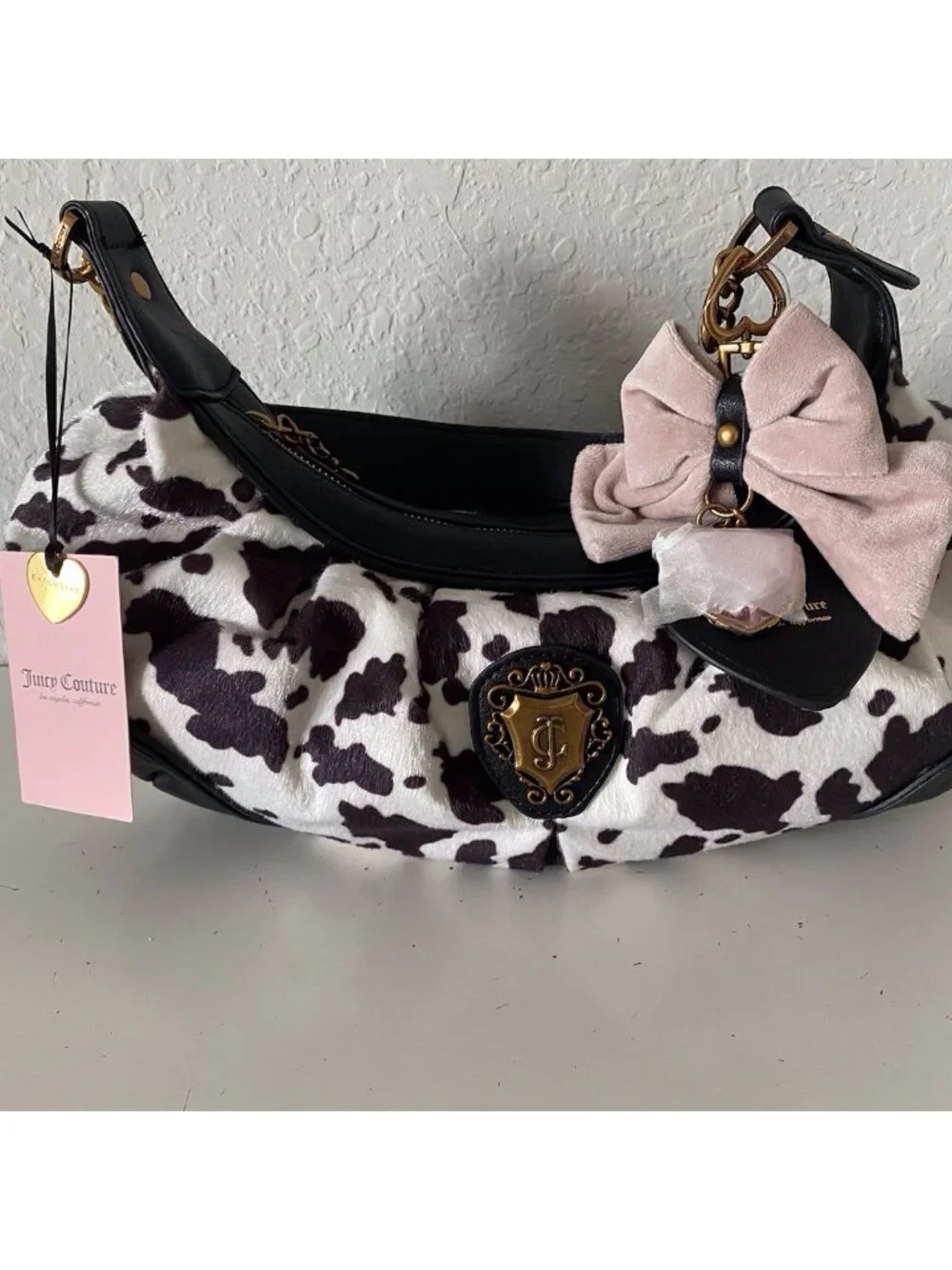 Juicy Couture Romance Cow Print Hobo Coho Bag‎ Liquorice White W/Charm Viral NEW